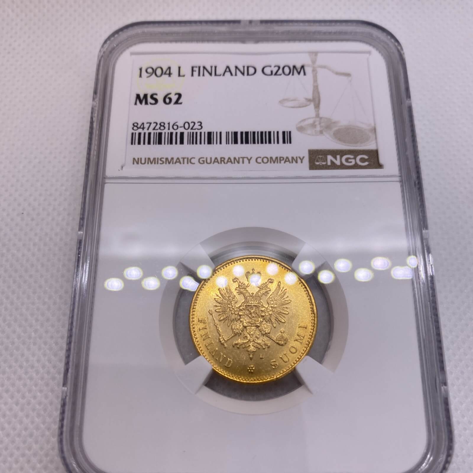 1904-L Finland 20 Markkaa Gold Coin – Nicholas II, NGC MS62, Russian Empire Under Finnish Autonomy